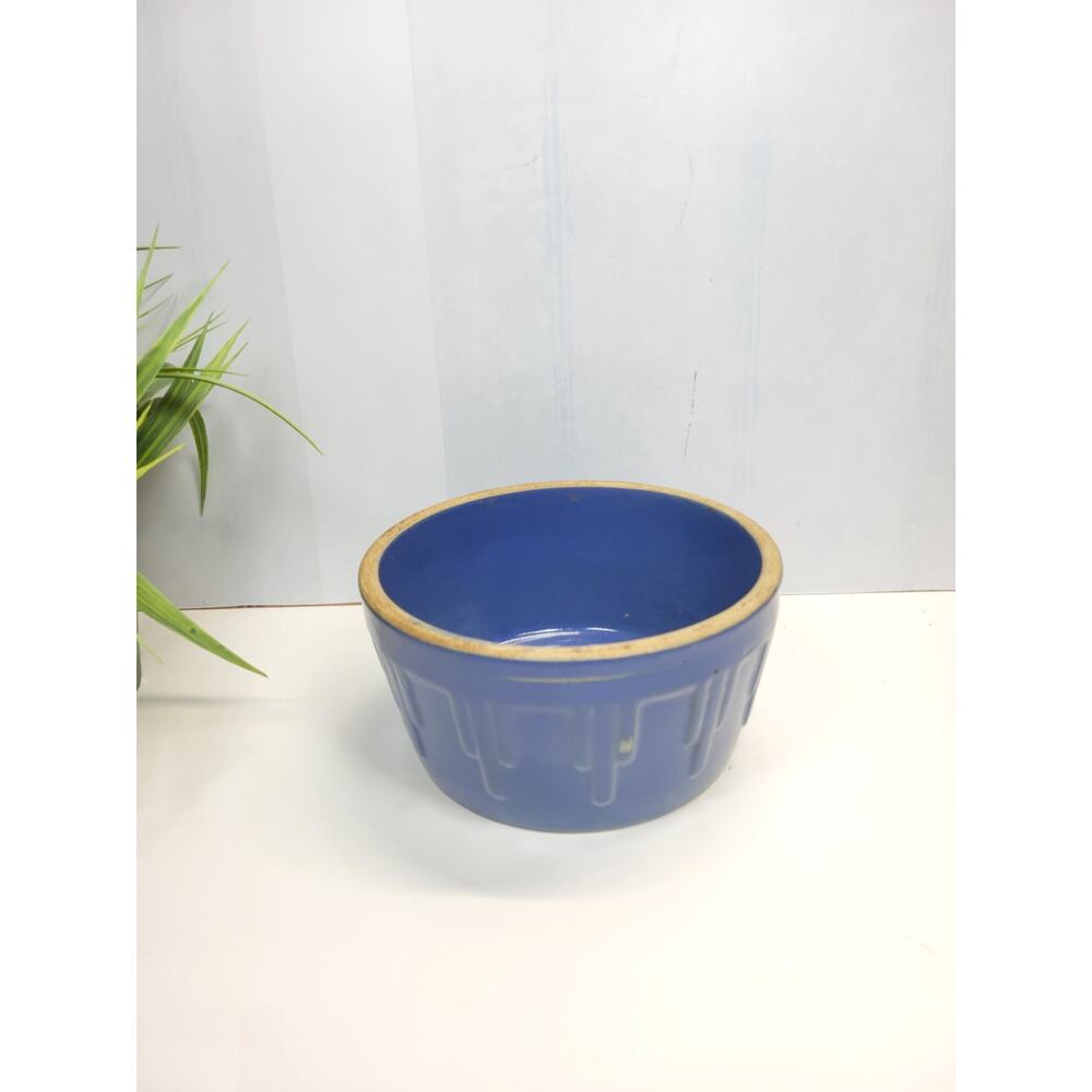 Vintage Blue Stoneware Crock Bowl, Pottery Inverted Picket Fence Pyramid